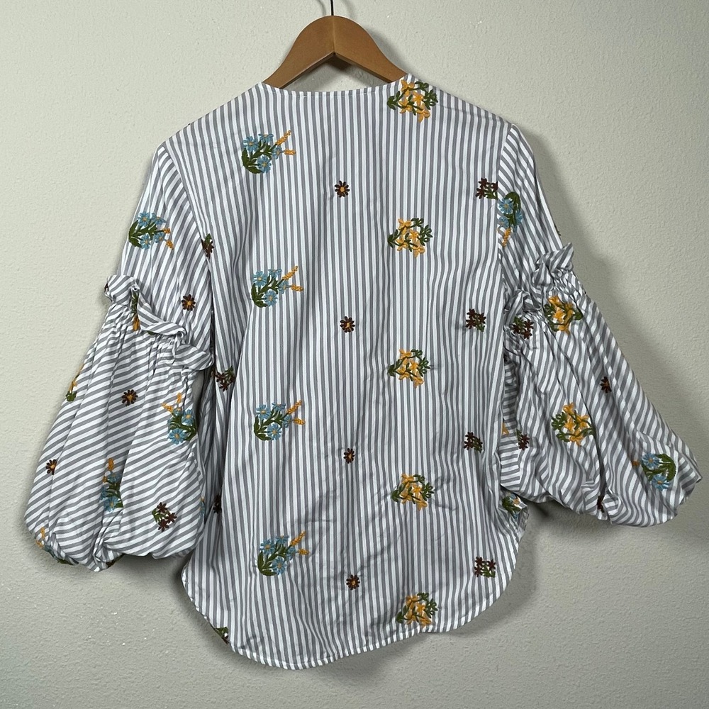 Silvia Tcherassi Lucaya Blouse XS Gray Stripe Floral Embroidered Puff Sleeve - Picture 5 of 8
